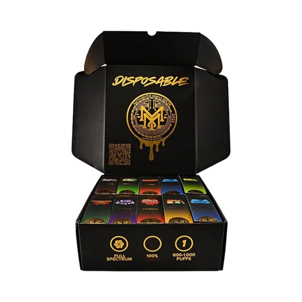 Open Muha Meds 1500MG disposable vape display box with assorted individually packaged varieties in black-and-gold branded packaging.