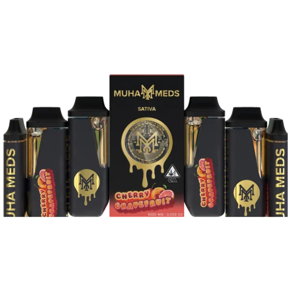Muha Meds 2000MG Cherry Grapefruit Sativa disposable vape device shown with black-and-gold retail packaging.
