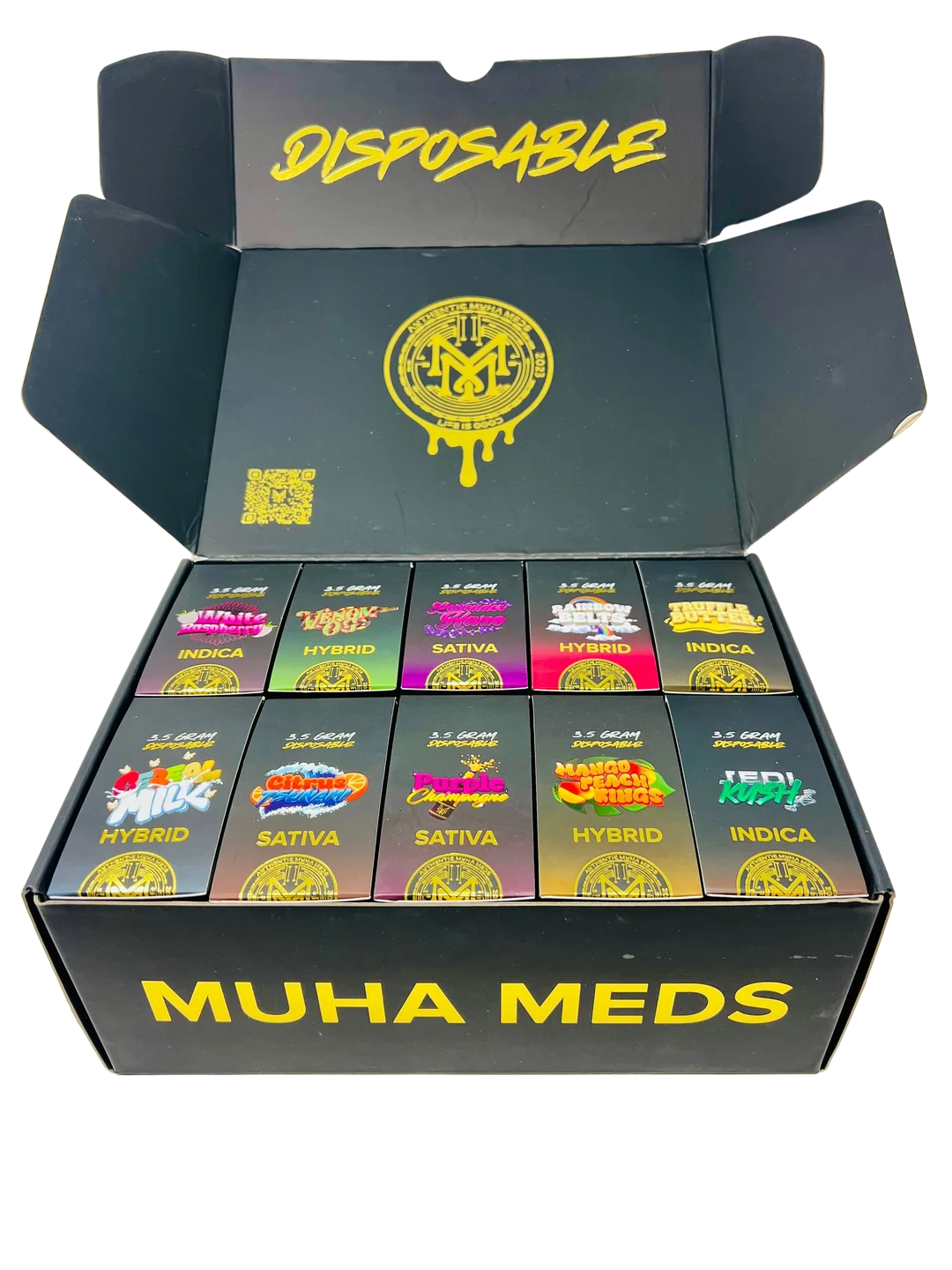 Open Muha Meds 3.5G disposable vape display box with 10 individually boxed varieties labeled Indica, Sativa, and Hybrid.