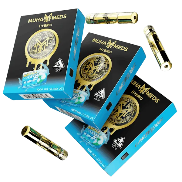 Muha Meds Apple Gelato Ice Hybrid 1000MG vape cartridges with black and blue branded retail packaging.