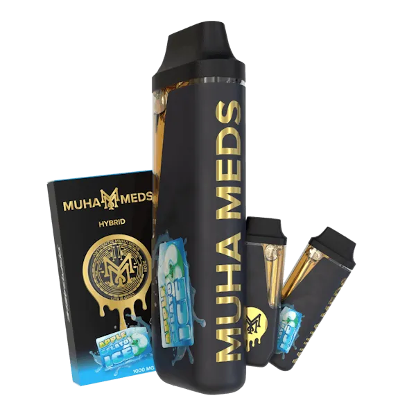 Muha Meds Apple Gelato Ice Hybrid disposable vape 1000mg with black blue and gold packaging