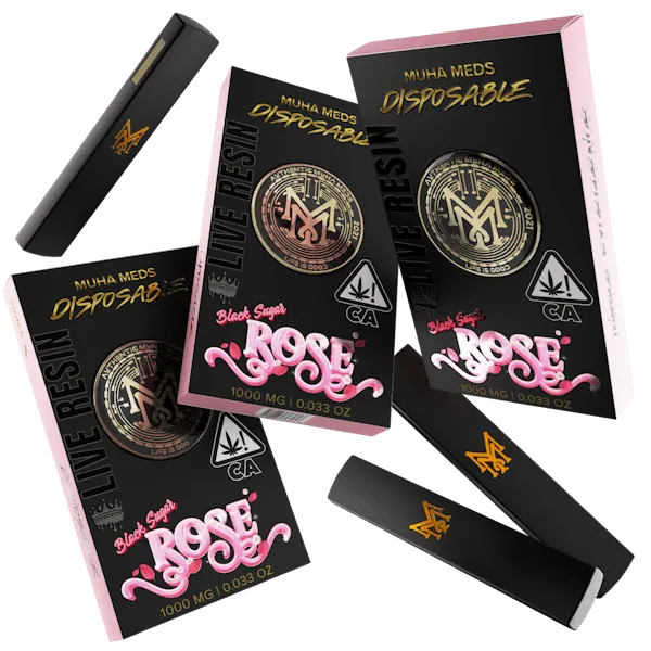 Muha Meds Black Sugar Rose Live Resin disposable vape 1000mg with black pink packaging and black devices