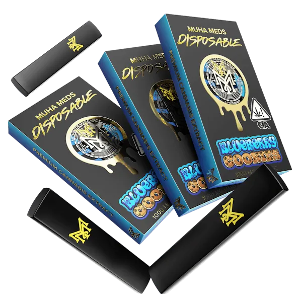 Muha Meds Blueberry Cookies disposable vape 1000mg with black blue packaging and black devices