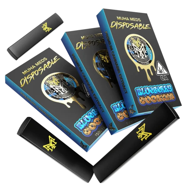 Muha Meds Blueberry Cookies 1500mg disposable vape with black-and-blue branded packaging and black disposable devices.