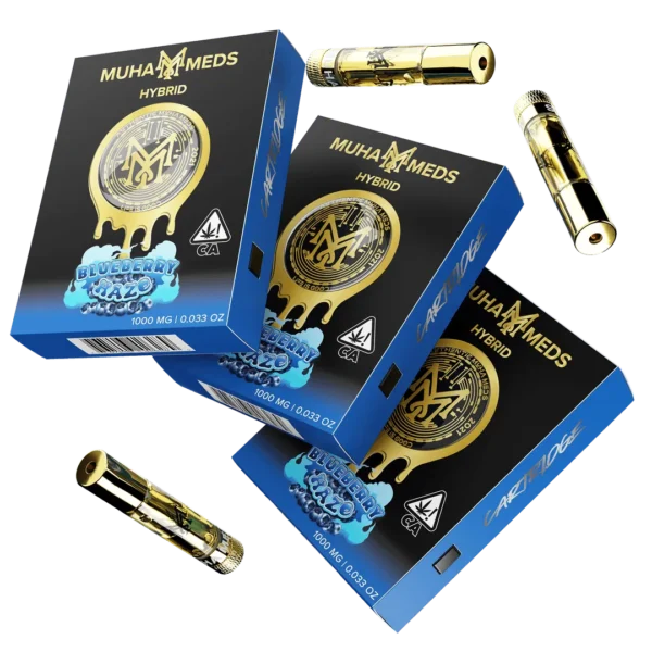 Muha Meds Blueberry Haze Hybrid 1000MG distillate vape cartridges with gold-finish hardware and black-and-blue branded retail packaging.