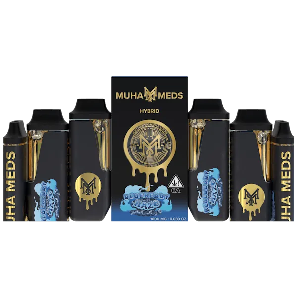 Muha Meds Blueberry Haze Hybrid disposable vape 1000mg with black blue and gold packaging