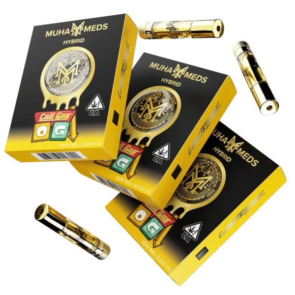 Muha Meds Cali Gas OG Hybrid 1000MG vape cartridges with gold-finish hardware and black-and-yellow branded retail packaging.