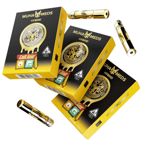 Muha Meds Cali Gas OG Hybrid 1000mg cartridges with black-and-gold branded packaging and gold vape cartridges.