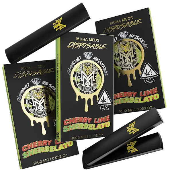 Muha Meds Cherry Lime Sherbelato Diamond Reserve 1g disposable vape with black-and-lime green branded packaging