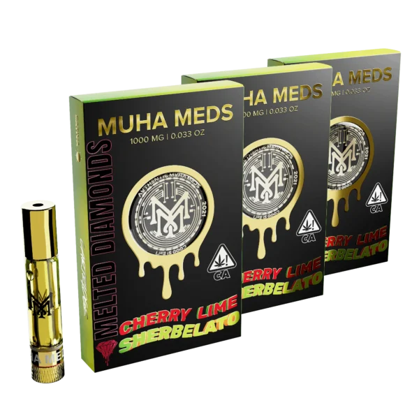 Muha Meds Cherry Lime Sherbelato Melted Diamonds 1g cartridge with black-and-lime green packaging and gold vape hardware.