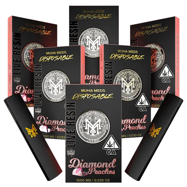Muha Meds Diamond Peaches Live Resin disposable vape 1000mg with black and pink packaging and black devices