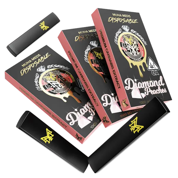 Muha Meds Diamond Peaches Melted Diamonds disposable vape 1000mg with black pink and gold packaging