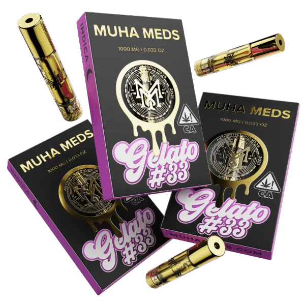 Muha Meds Gelato #33 1g distillate cartridge with black and purple branded packaging and gold vape cartridges.
