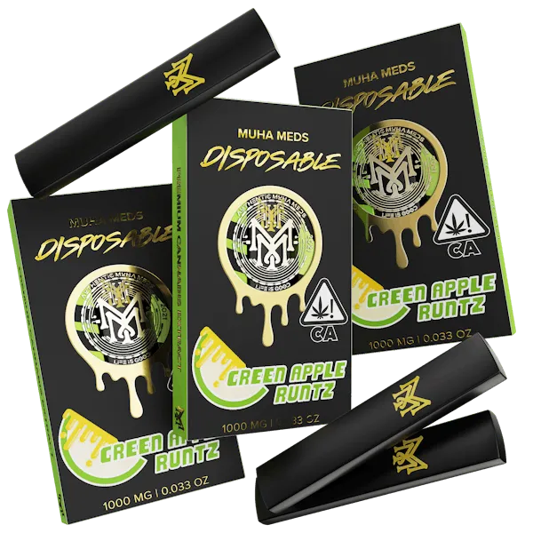 Muha Meds Green Apple Runtz disposable vape 1000mg with black green packaging and black devices