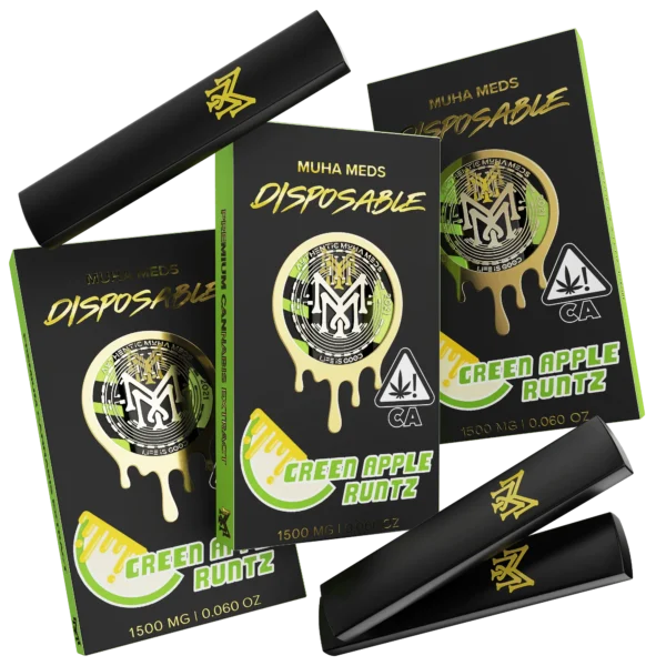 Muha Meds Green Apple Runtz 1500mg disposable vape with black-and-lime green branded packaging and black vape devices.