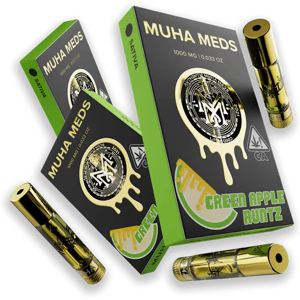 Muha Meds Green Apple Runtz Sativa 1g distillate cartridge with branded green packaging and gold vape cartridges.