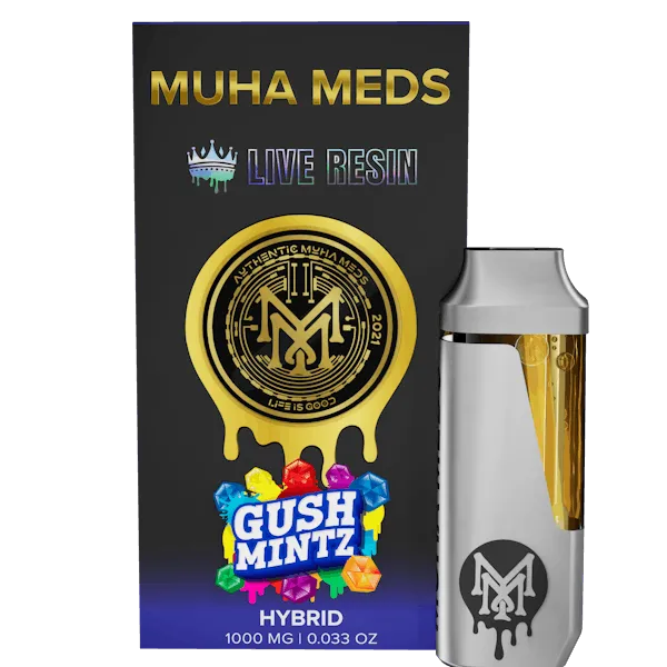 Muha Meds Gush Mintz Live Resin Hybrid disposable vape 1000mg with black purple packaging and white device