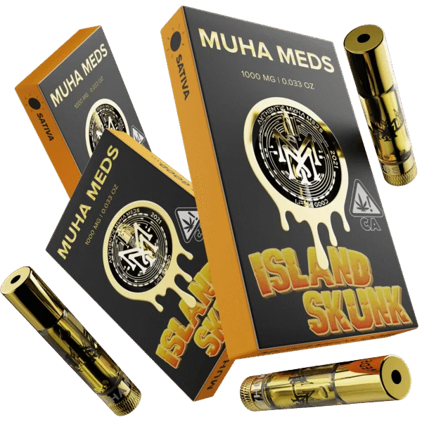 Muha Meds Island Skunk Sativa 1000mg cartridge with black-and-orange branded packaging and gold vape cartridges.