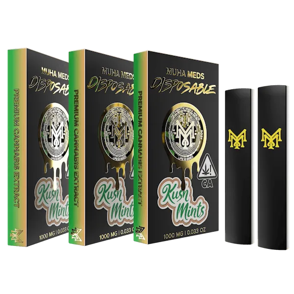 Muha Meds Kush Mints disposable vape 1000mg with black green packaging and black devices