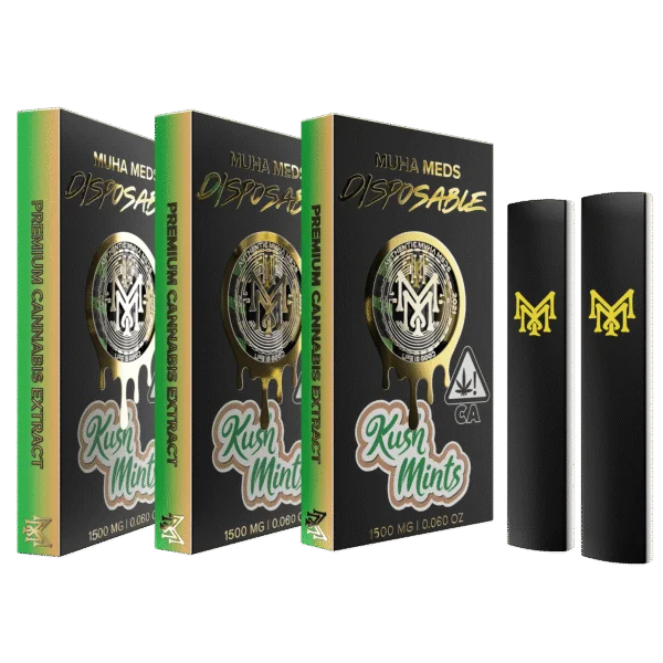 Muha Meds Kush Mints 1500mg disposable vape with black-and-green branded packaging and two black disposable devices.