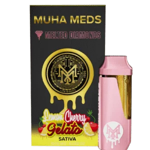 Muha Meds Lemon Cherry Gelato Melted Diamonds Sativa disposable vape 1000mg with pink device and black yellow packaging