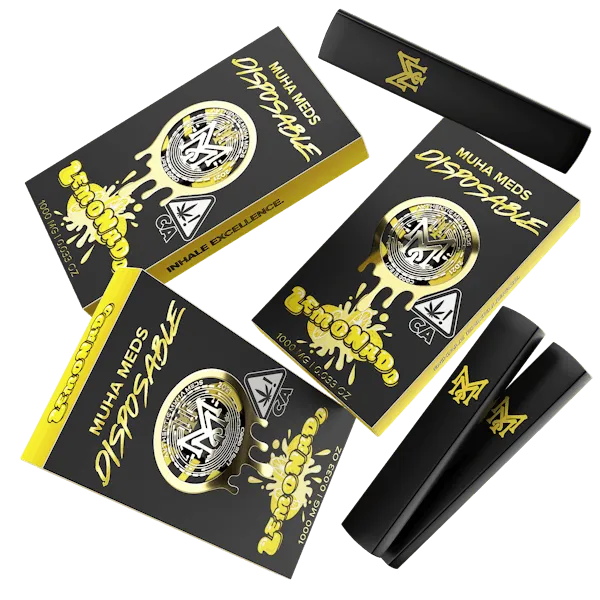 Muha Meds Lemonado 1000mg disposable vape with black-and-yellow branded packaging and black disposable devices.