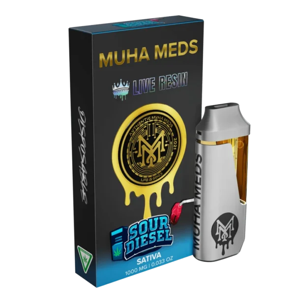 Muha Meds Live Resin Sour Diesel Sativa 1000MG disposable vape device in silver beside matching retail packaging.