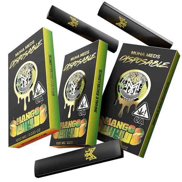 Muha Meds Mango Chelo disposable vape 1000mg with black green and orange packaging and black devices