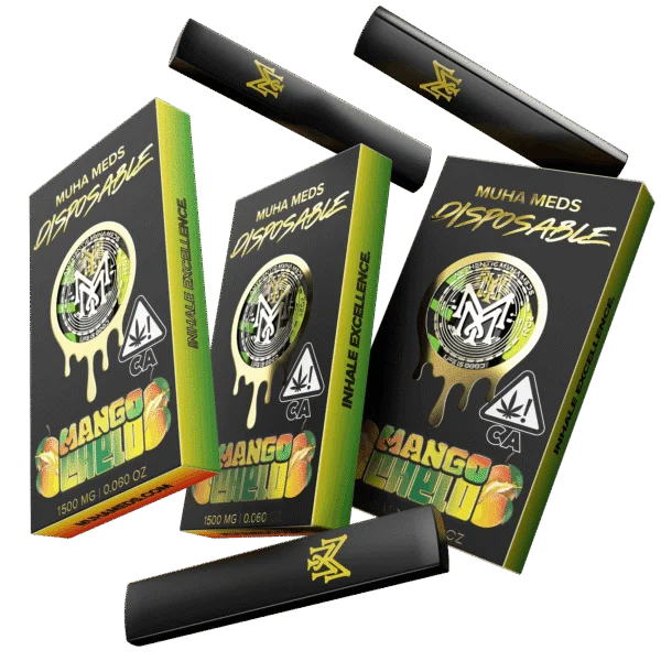 Muha Meds Mango Chelo 1500mg disposable vape with black-and-green branded packaging and black disposable devices.
