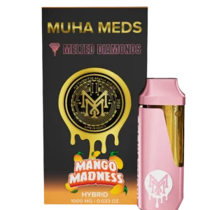 Muha Meds Mango Madness Melted Diamonds Hybrid disposable vape 1000mg with pink device and black orange packaging