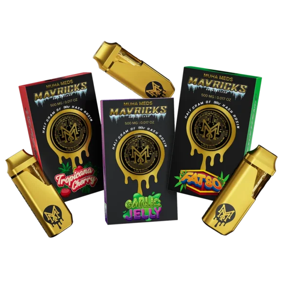 Muha Meds Mavricks 500MG hash rosin disposable vape devices with Tropicana Cherry, Garlic Jelly, and Zatso branded product boxes.