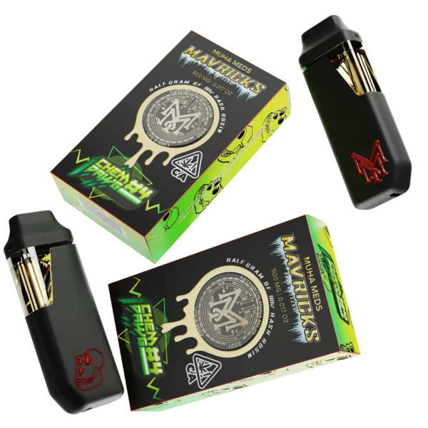 Muha Meds Mavricks Chem Dawg 4 hash rosin disposable 500mg with black green packaging and black devices