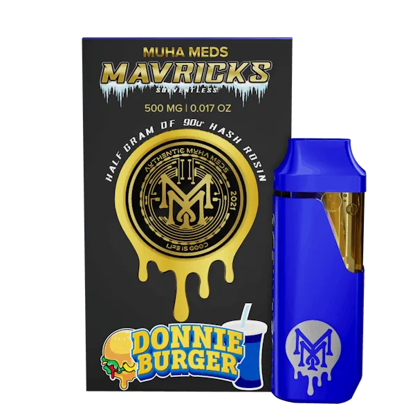 Muha Meds Mavricks Donnie Burger hash rosin disposable 500mg with blue device and black packaging