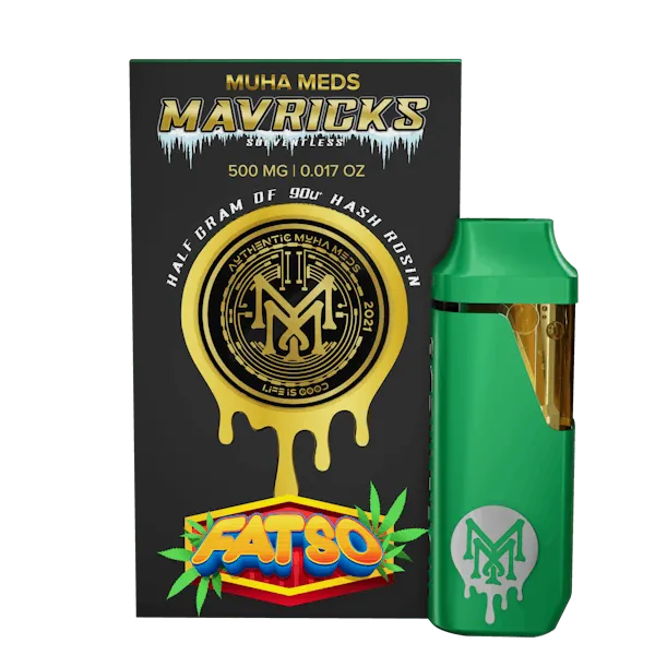 Muha Meds Mavricks Fatso hash rosin disposable 500mg with green device and black packaging