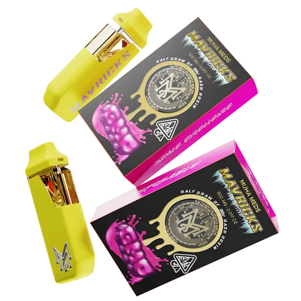 Muha Meds Mavricks GMO hash rosin disposable 500mg with yellow device and black pink packaging
