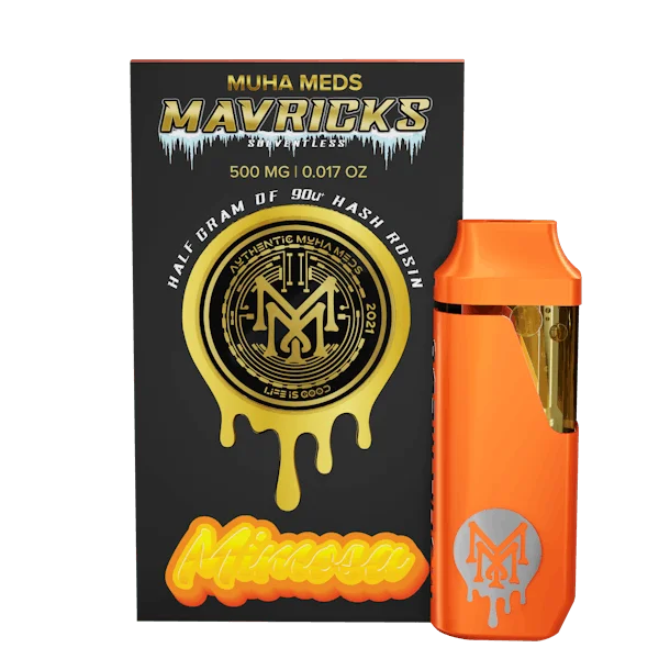 Muha Meds Mavricks Mimosa hash rosin disposable 500mg with orange device and black packaging