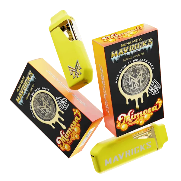 Muha Meds Mavricks Mimosa hash rosin disposable packaging 500mg with yellow device and orange black box design