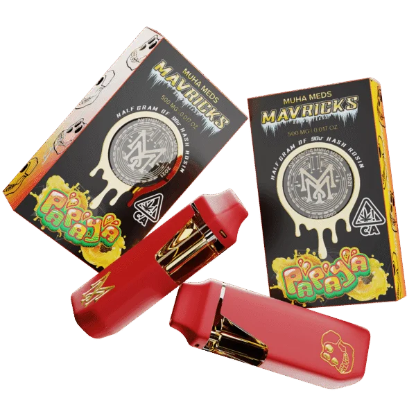 Muha Meds Mavricks Papaya hash rosin disposable 500mg with red device and black packaging