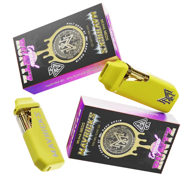 Muha Meds Mavricks Tropical Runtz hash rosin disposable 500mg with yellow device and black pink packaging
