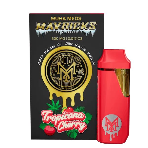Muha Meds Mavricks Tropicana Cherry hash rosin disposable 500mg with red device and black packaging