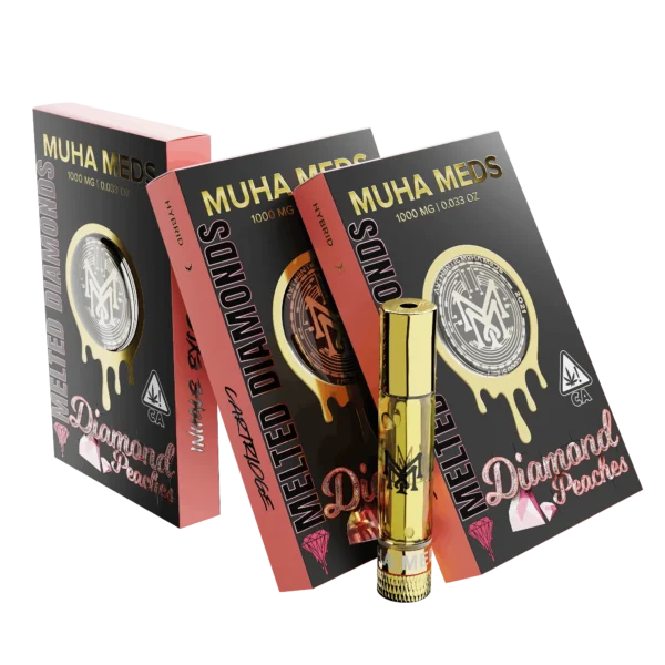 Muha Meds Melted Diamonds Diamond Peaches Hybrid 1000MG vape cartridge with gold-finish hardware and black-and-peach retail packaging.