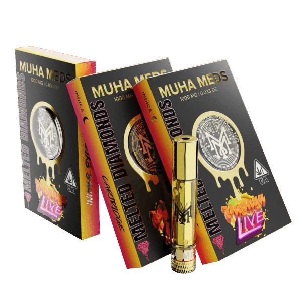 Muha Meds Melted Diamonds Papaya Live 1000MG vape cartridge with gold-finish hardware and black branded retail packaging.