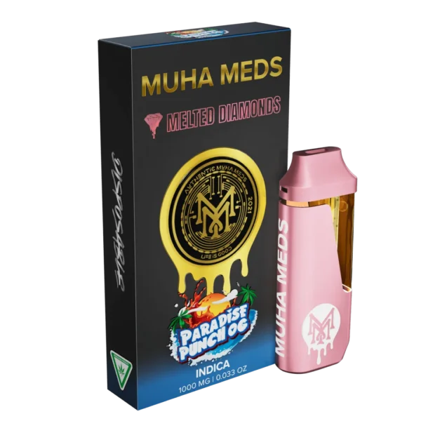 Muha Meds Melted Diamonds Paradise Punch OG Indica 1000MG disposable device in pink beside matching black-and-gold retail packaging.