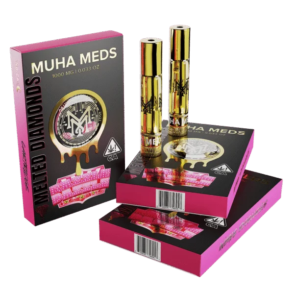 Muha Meds Melted Diamonds Pink Runtz 1000MG vape cartridges with black-and-pink branded retail boxes.