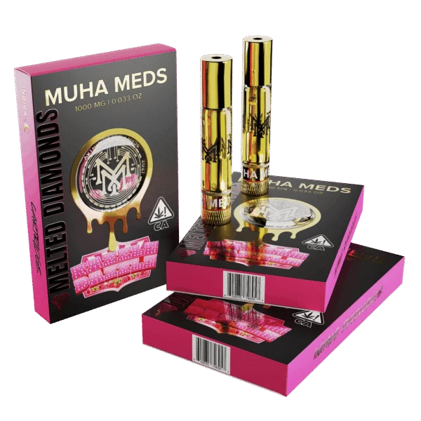 Muha Meds Melted Diamonds Razzle 1000MG vape cartridges with black, pink, and gold branded retail packaging.
