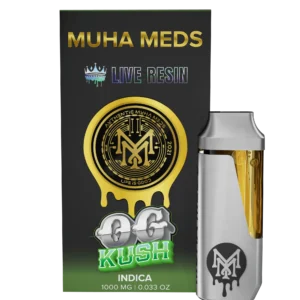 Muha Meds OG Kush Live Resin Indica disposable vape 1000mg with black green packaging and white device