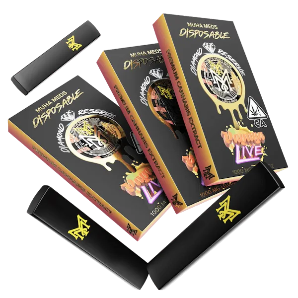 Muha Meds Papaya Live Melted Diamonds disposable vape 1000mg with black gold and orange packaging