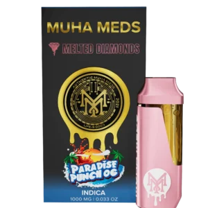 Muha Meds Paradise Punch OG Melted Diamonds Indica disposable vape 1000mg with pink device and black blue packaging
