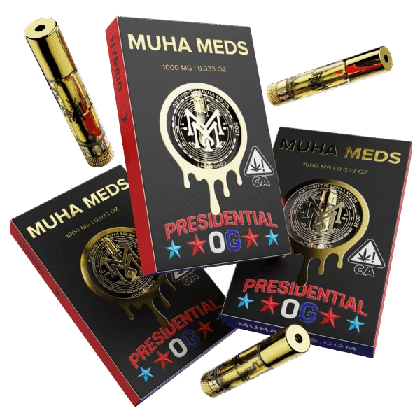 Muha Meds Presidential OG Hybrid 1000mg cartridge with black-and-red branded packaging and gold vape cartridges.
