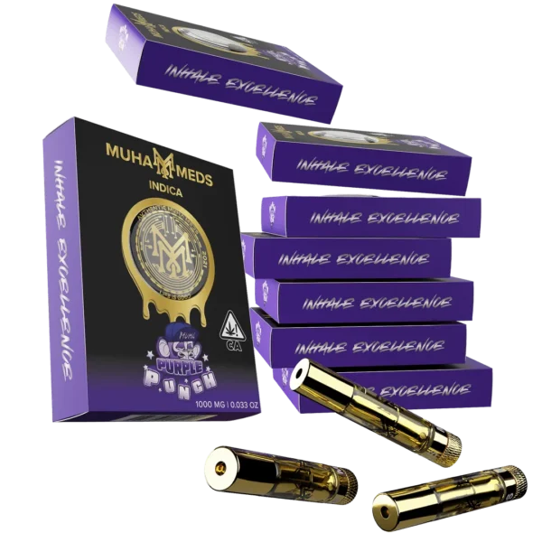 Muha Meds Purple Punch Indica 1000MG vape cartridges with black and purple Inhale Excellence retail packaging.